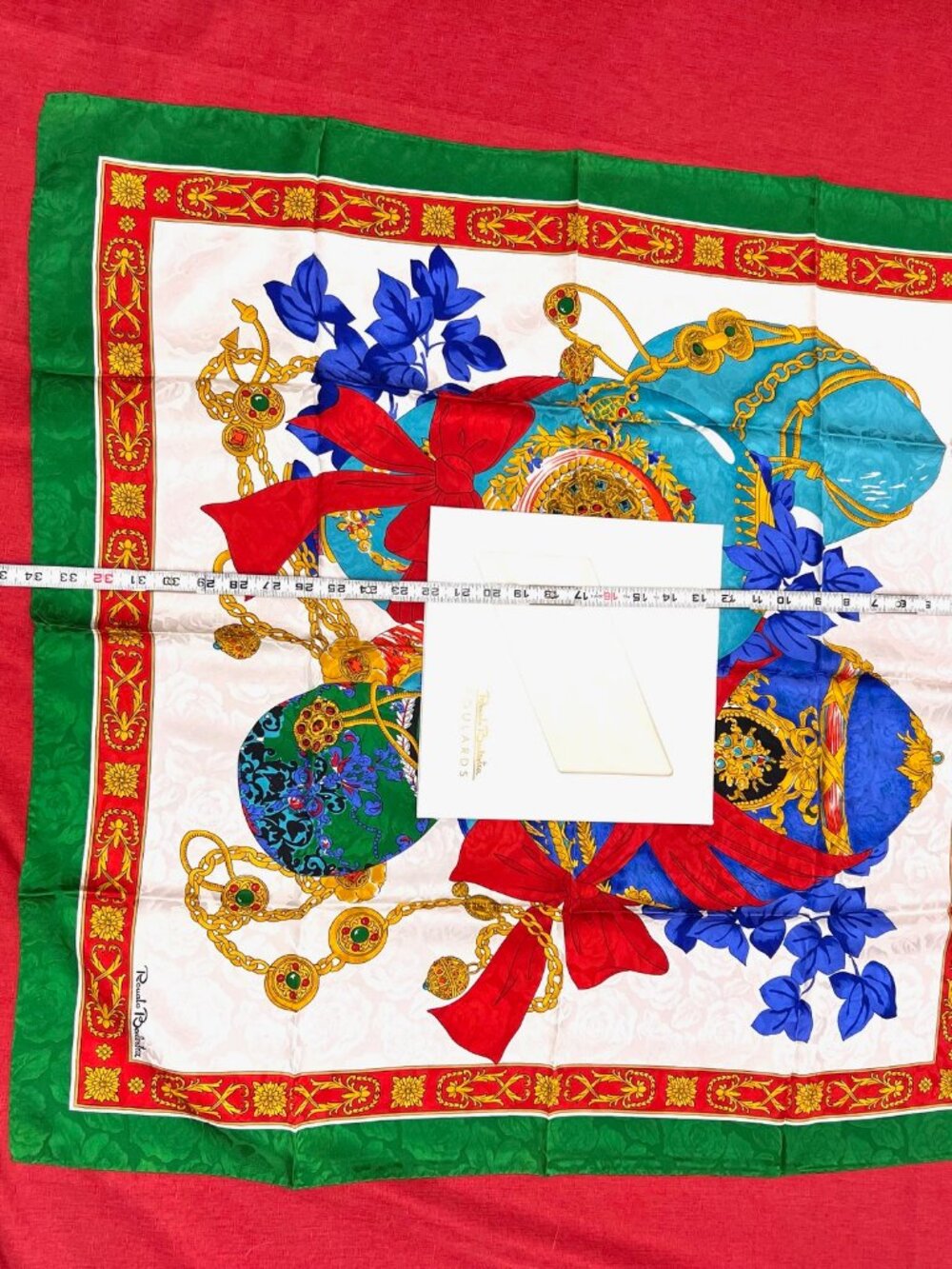 New W/Box Italy Made Renato Balestra 100% Silk Scarf 34" Green Ivery Red (66) - Picture 8 of 15